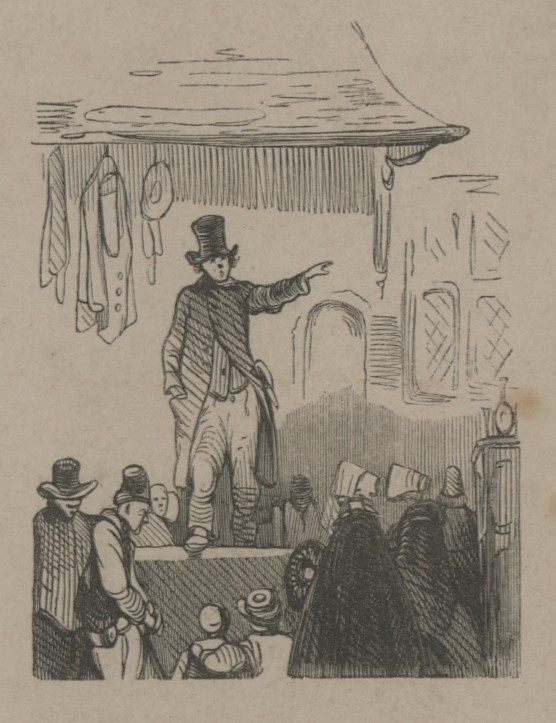 Veiling op de Vrijdagmarkt. Afbeelding uit Wat eene moeder lyden kan.